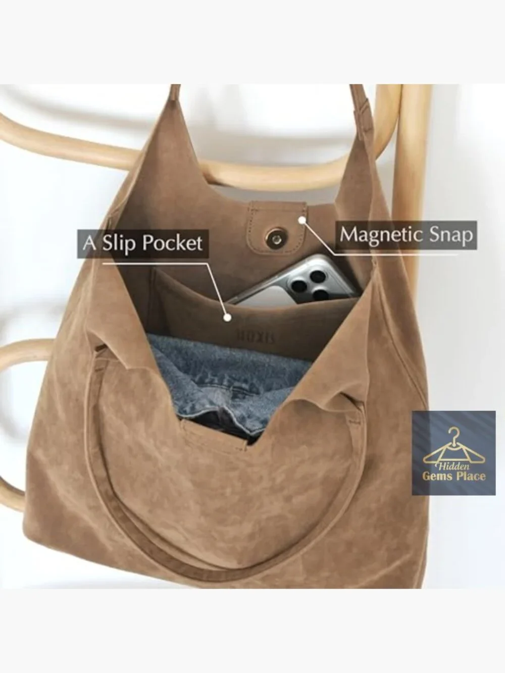 Faux Suede Hobo Tote Bag with Magnetic Closure - Soft Vegan Leather Handbag